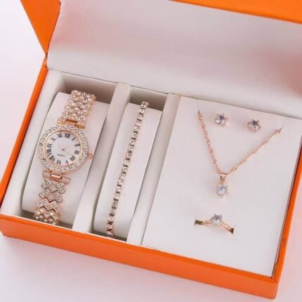 Rose Gold Single Row Zircon Ladies Fashion Watch Set
